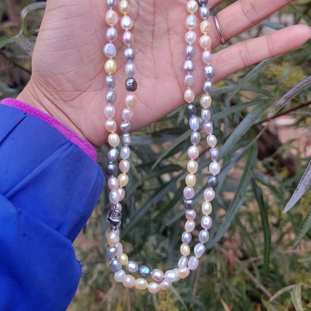 LONG 34 inch genuine pearl pink, peach, yellow, gray, white, peacock 925 sterli